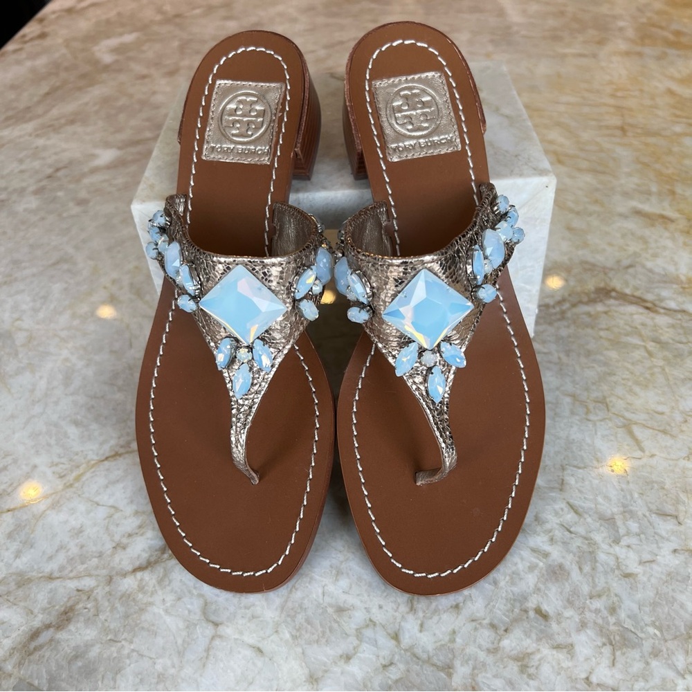 Tory Burch Metallic Crinkled Leather Crystal Embellished Thong Sandals